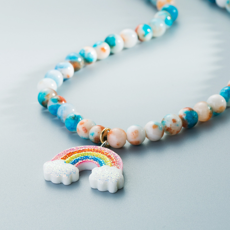 Blue Beads Imitation Jade Bohemian Necklace Earrings Set Rainbow Jewelry display picture 4