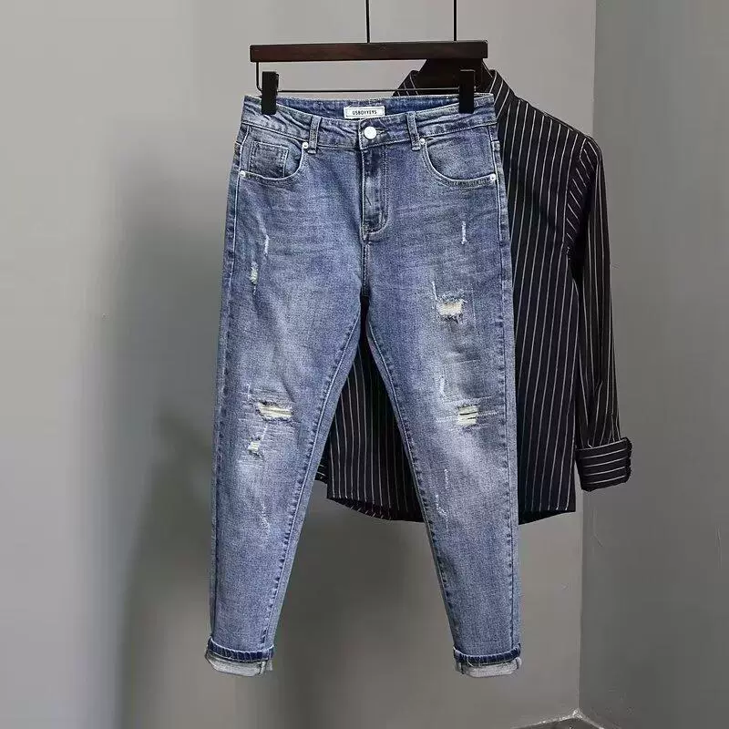 Летние трендовые джинсы, синие эластичные универсальные брюки, slim fit