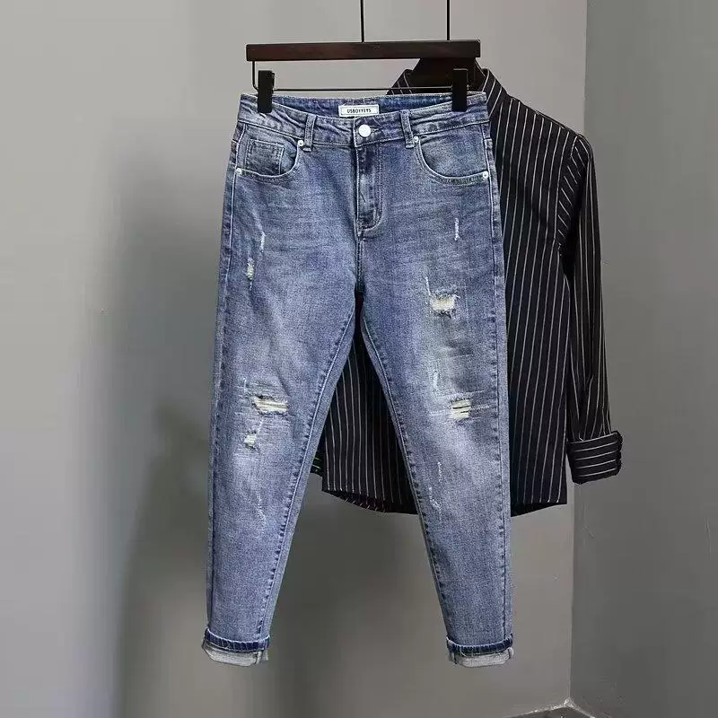 Летние трендовые джинсы, синие эластичные универсальные брюки, slim fit