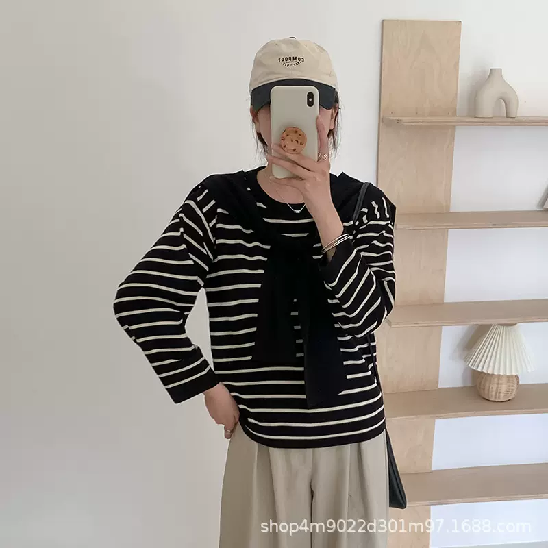 大码女装秋冬新款韩版海军领绑带针织衫上衣胖妹妹mm遮肚条纹毛衣