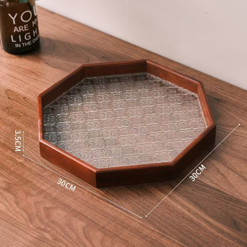 Luz de lujo retro bandeja octagonal sala de estar mesa de vidrio platos de taza de madera para el hogar bandeja de té