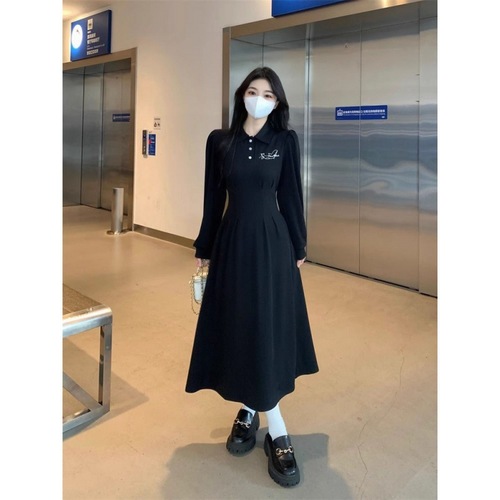 Design large size polo season dress for women, summer feel, waist-cinching butterfly bow black long dress for plus-size women, Hepburn style, slimming