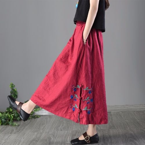 2025 New Style Literary Ethnic Style Embroidered Button Skirt Retro Comfortable Long Skirt Spring and Summer Versatile A-Line Skirt for Women