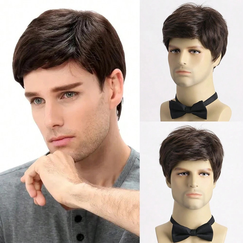 Wig for Men, European and American Style, Slanted Performance, Middle-Aged Bangs, Short Headgear, Synthetic Hair, Daily Wear Style