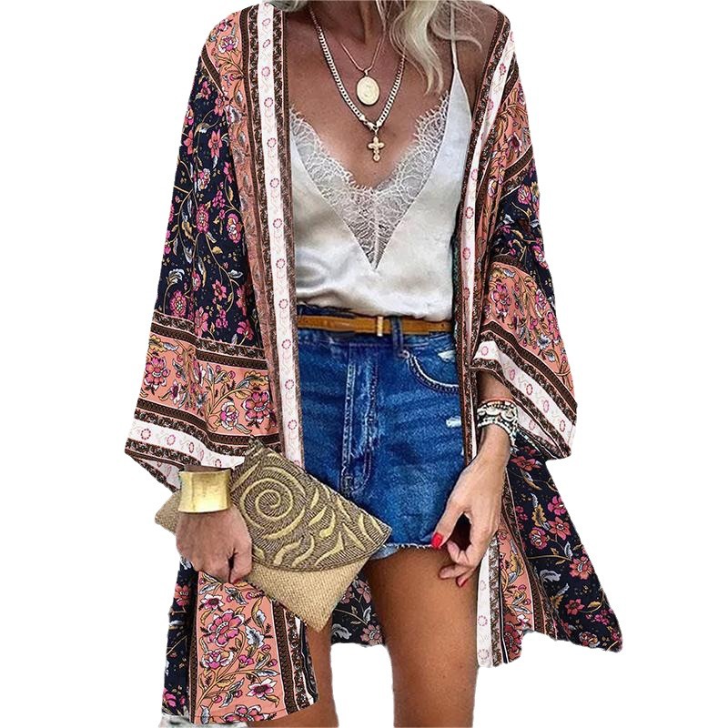 Women's 2024 European and American Cross-border Trend New Casual Fashion Holiday Bat Long Sleeve Cardigan Printed Top