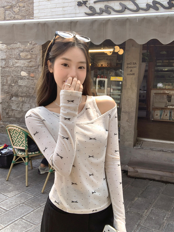 秋装假两件蝴蝶结波点印花设计感内搭长袖T恤女2025修身内搭上衣|undefined