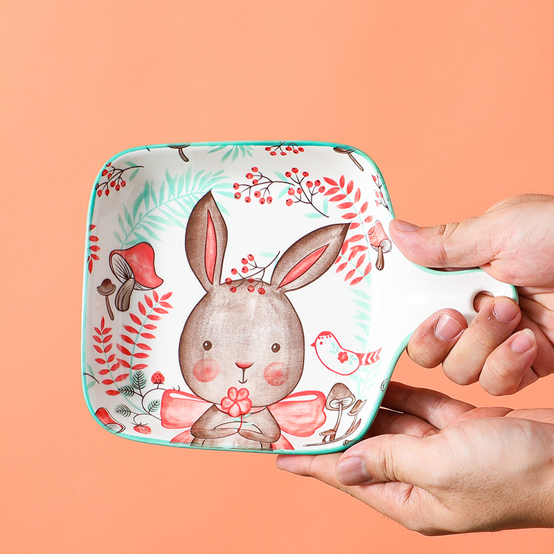 Placa de cerámica de dibujos animados lindo plato para hornear con mango restaurante hogar plato doble oreja placa de arroz al horno placa occidental al por mayor