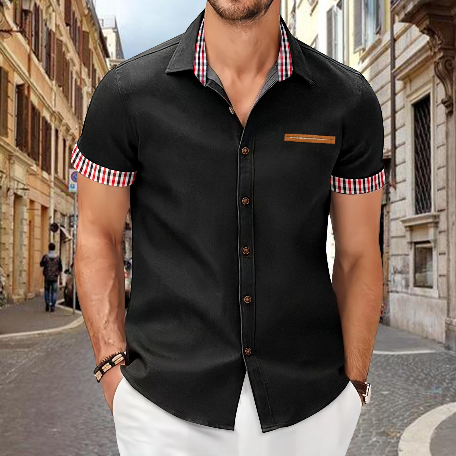 Camicia da uomo a maniche corte in cotone, nuova moda estiva, camicia da uomo a quadri, vestibilità slim, casual, a maniche corte_voghion.com