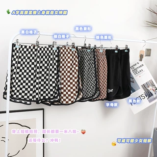 夏季新款舒适垂感休闲阔腿裤女外穿冰丝高腰显瘦格子速干运动短裤