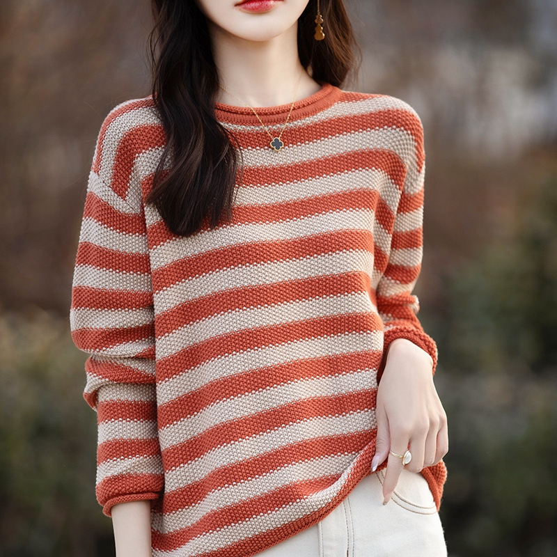 Contrast Color Round Neck Stripesd Cotton Knitwear for Women 2025 Spring New Style Retro Literary Large Size Knitted Knitwear Top