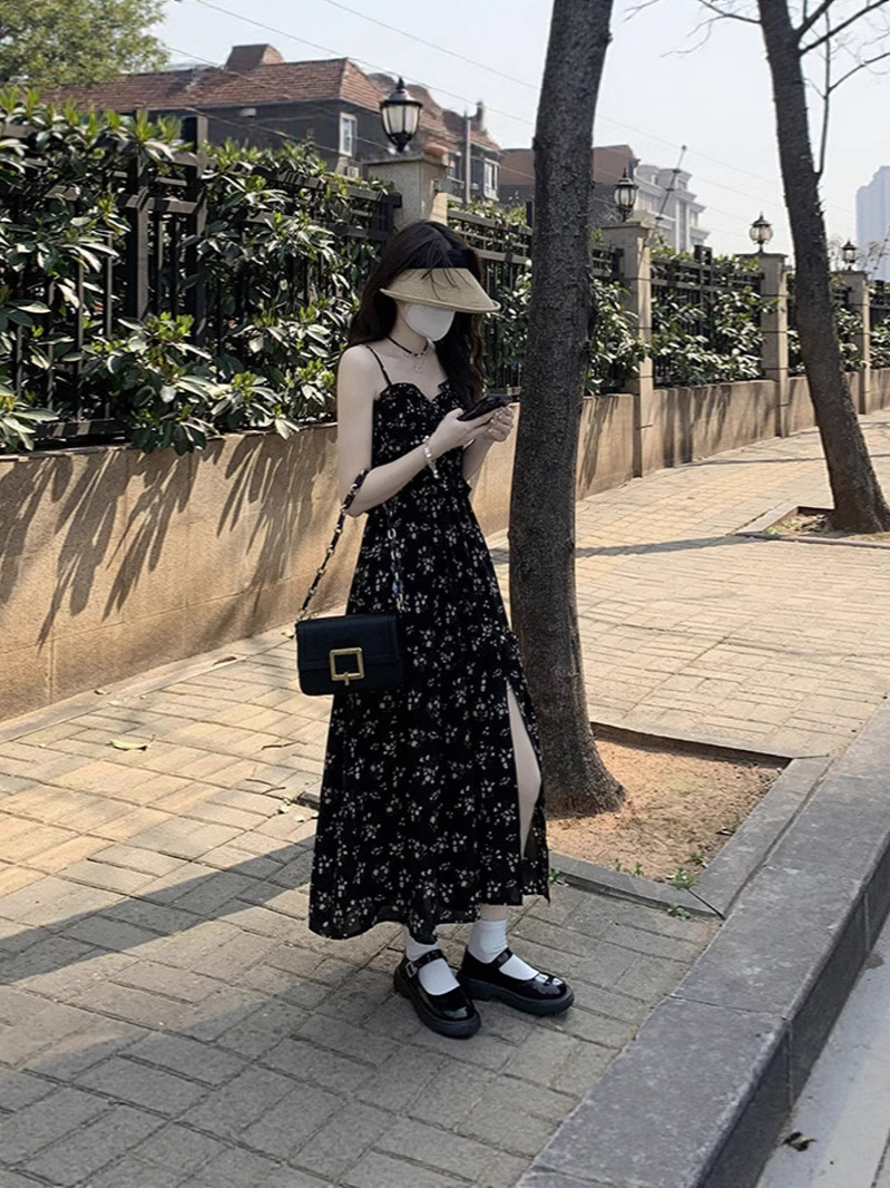 Đầm maxi nữ thắt eo xẻ tà dài phong cách trà chiều — đen