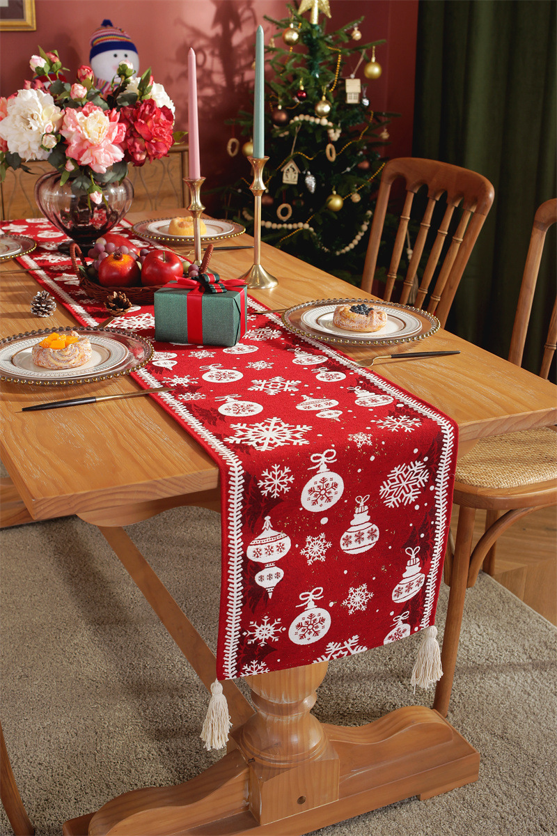 Drapeau de table de noël en jacquard teint en fil, flocon de neige, chapeau de noël, nappe à pampilles, décoration, couverture de drapeau de chevet_voghion.com