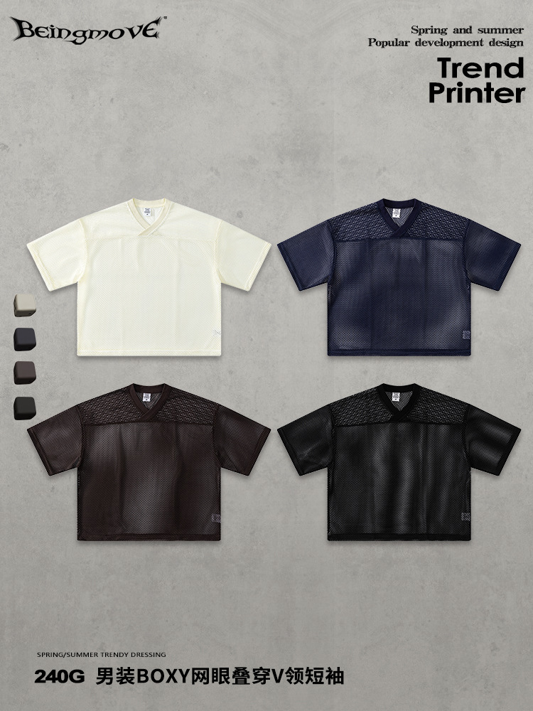 Calle secada| Verano americano marca de moda hombre Boxyfit corto ancho malla plegable vestir camiseta de manga corta de cuello en V para hombre