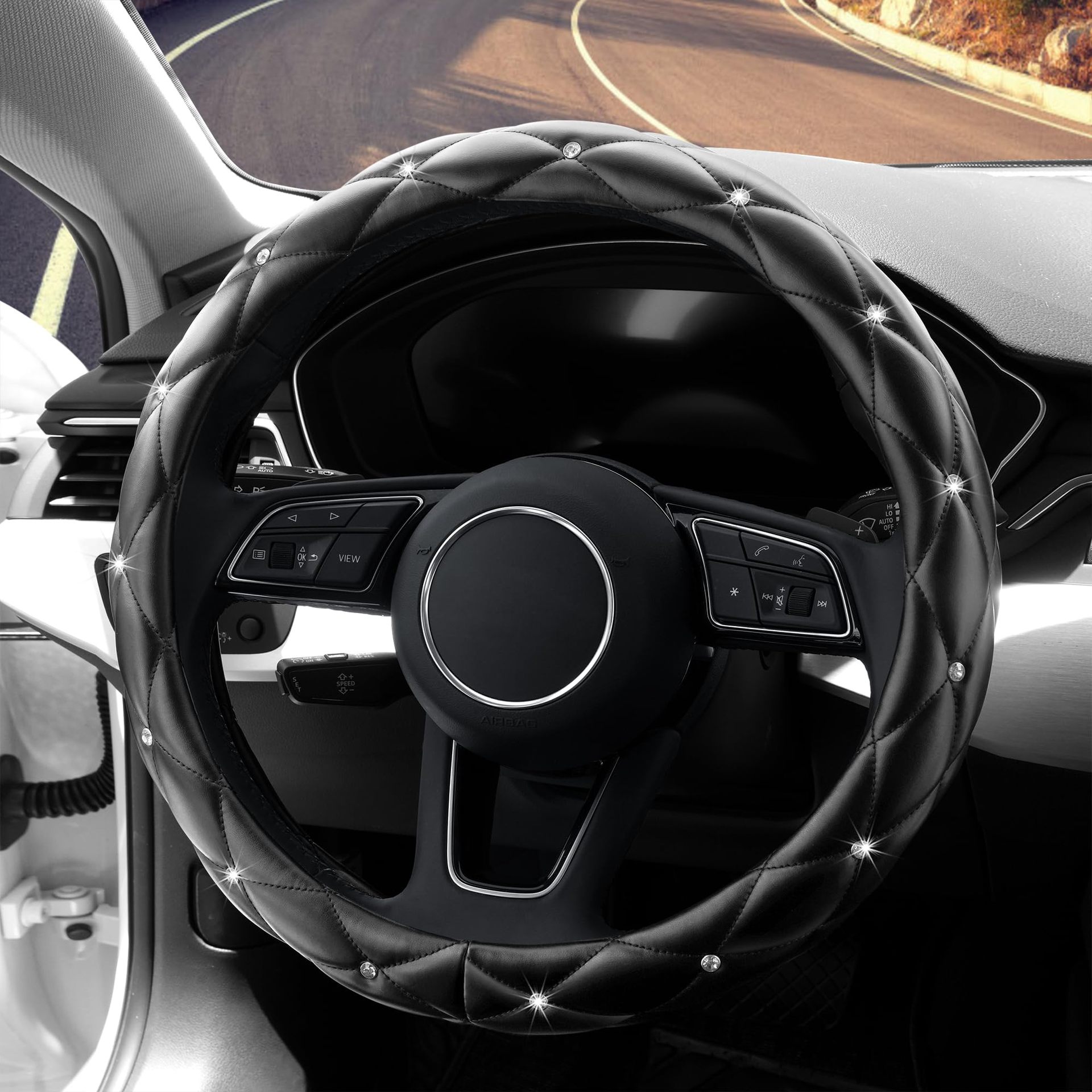 Factory Direct Sales Amazon Car Diamond-Studded Steering Wheel Cover, Universal for All Seasons, Soft Leather Anti-Slip Rhinestone Handle Cover