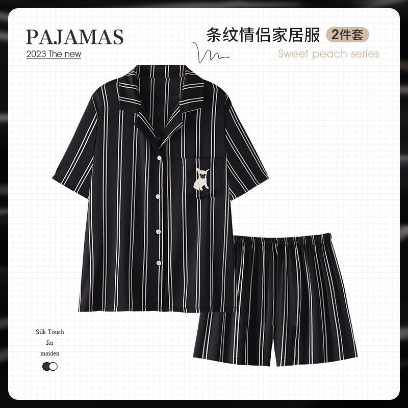 男性と女性のための黒のカップルパジャマ夏のアイスシルク半袖ショーツ模擬シルククールな夏のホーム服春と秋のスタイル|undefined