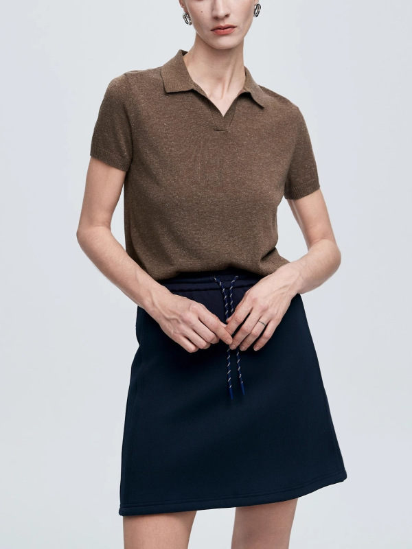 薄款亚麻polo领短袖针织衫女25夏季莱赛尔复古v领polo衫上衣|undefined