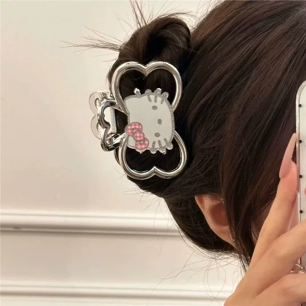 New Style Sparkling Kt Girl Hair Accessory with Cat-Like Texture, Double-Sided Silver Bow, High-End Shark Clip for Back-Of-Head Updo