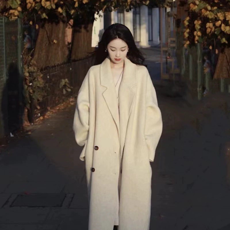 Женское двустороннее кашемировое пальто кремово-белого цвета с длинными рукавами, высококачественное однотонное корейское шерстяное осенне-зимнее пальто средней длины выше колена