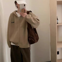 高级感纯色双拉链连帽毛衣外套女2025秋冬新款跨境宽松针织开衫女