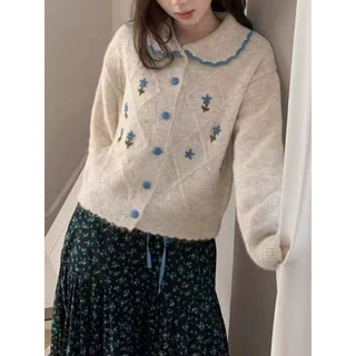 LEKA日韩甜美刺绣小花翻领针织开衫2026秋冬新款软糯减龄针织外套