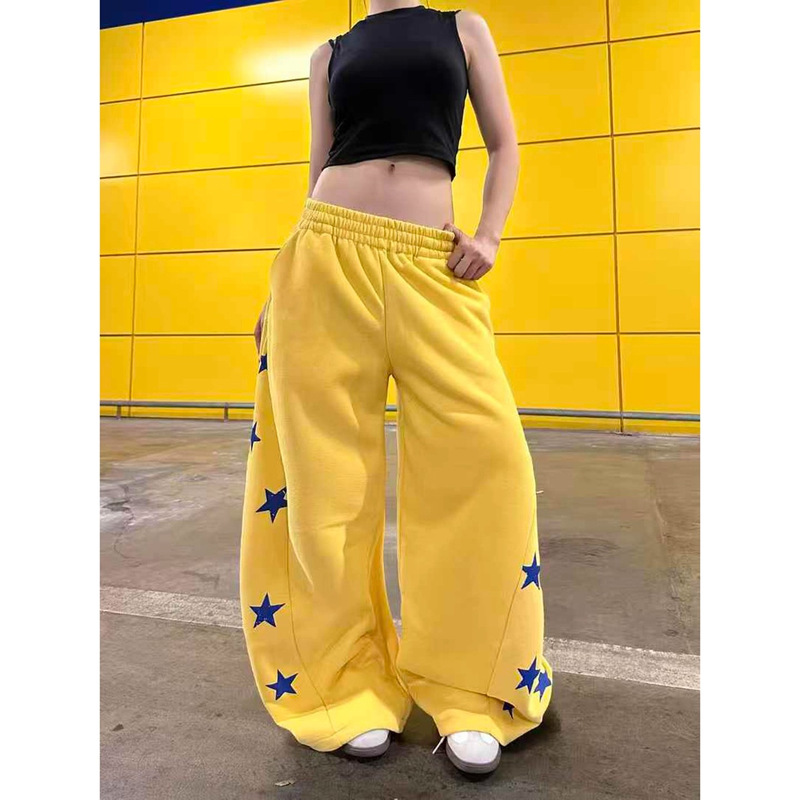 American Retro Star Print Scimitar Sweatpants for Women, Loose Versatile Elastic Waist Wide-Leg Yellow Sports Casual Long Pants