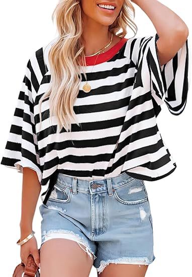 Verano nuevo 2025 transfronterizo Europa y América Amazon rayas de manga corta camiseta de cuello redondo casual suelta camiseta de mujer