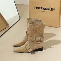 9625-1 Classic Retro Western Knight Boots Belt Buckle Thick Heel Square Head Suede Fashion Short Boots Medium Boots for Women