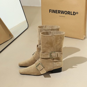 9625-1 Classic Retro Western Knight Boots Belt Buckle Thick Heel Square Head Suede Fashion Short Boots Medium Boots for 