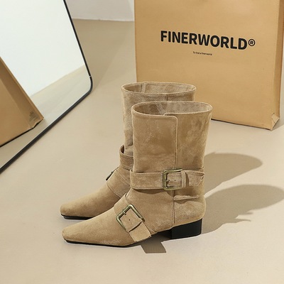 9625-1 Classic Retro Western Knight Boots Belt Buckle Thick Heel Square Head Suede Fashion Short Boots Medium Boots for 