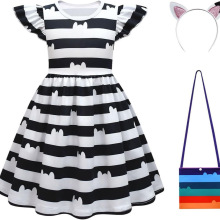 跨境童装卡通盖比的娃娃屋条纹裙子 儿童飞飞袖简约网纱公主裙