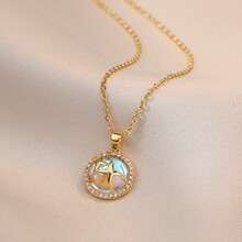 项链女网红彩色锆石几何小众新款设计感吊坠气质套装钛钢项链批发