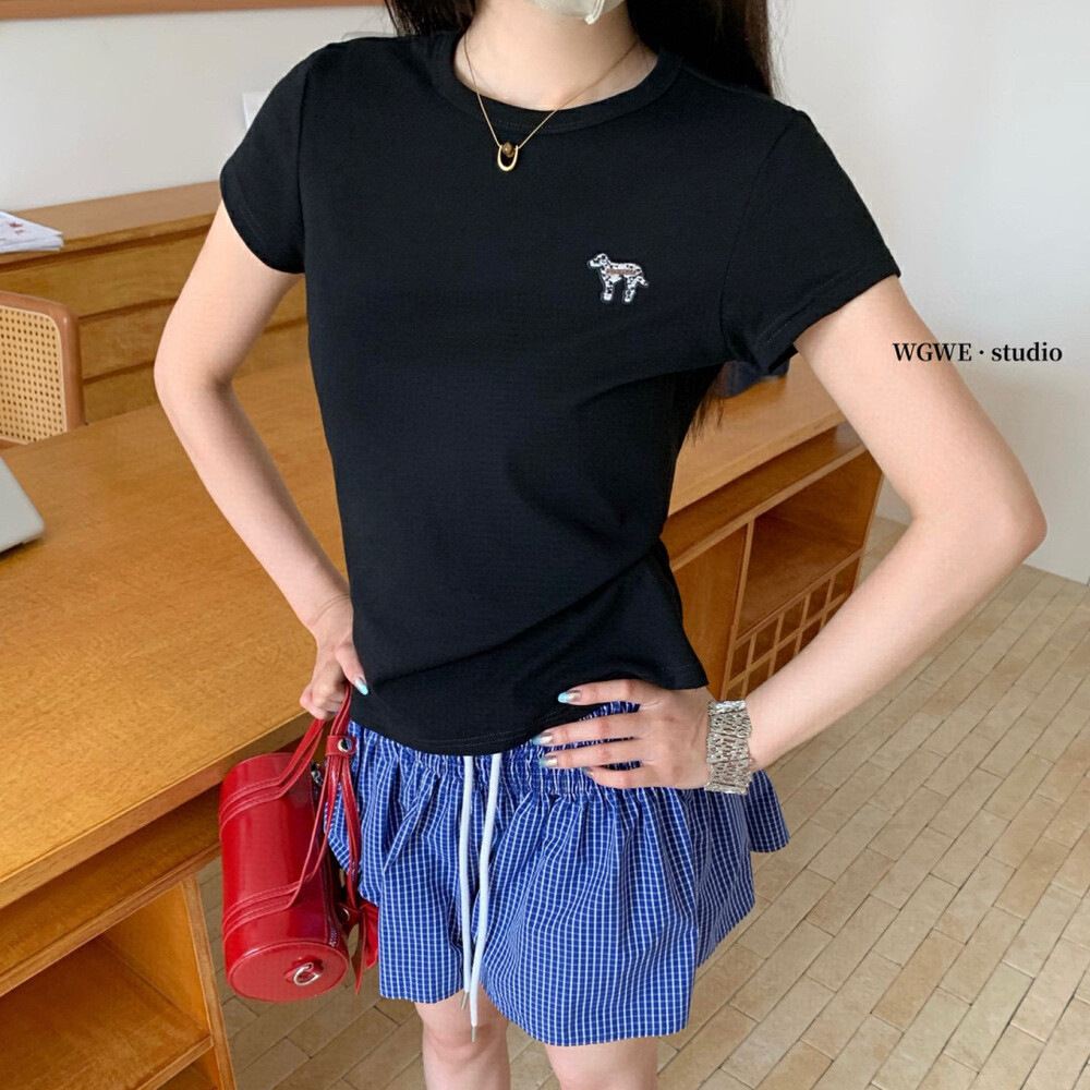 WGWE verano americano retro diseño de hombros bordados marca de moda suelta delgada camiseta de manga corta mujer W5376 image 2