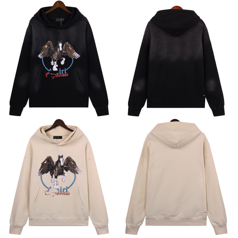 Washed Sweatshirt 2024 New Model Amiri Pegasus Pattern Print Men's Heavy-Duty Round-Neck Casual Loose Hoodie