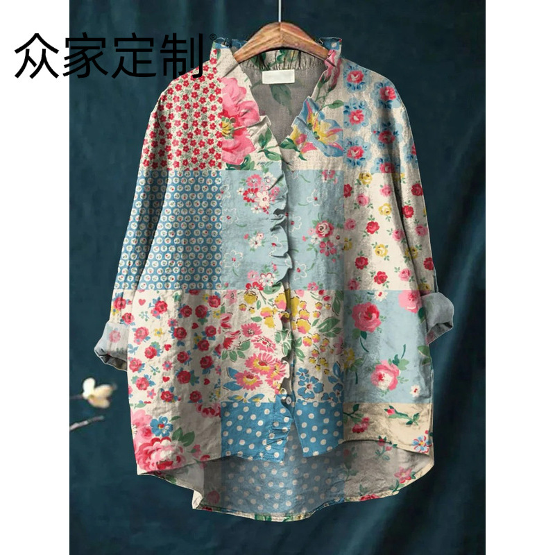 2025 Summer New Style Temu Amazon Aliexpress Loose Printed Casual Large Size Lace Women's Shirt E888 2025 Summer New Style Temu Amazon Aliexpress Loose Printed Casual Large Size Lace Women's Shirt E888
