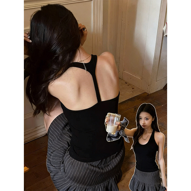 French-Style U-Neck Halter Backless Camisole Summer Inner Wear with Integrated Bra and Chest Pads to Cover Side Breasts