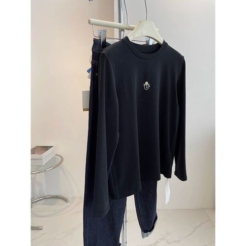 Simple velvet ribbed embroidery round neck slimming T-shirt for women, super soft and versatile, crew neck, loose long sleeve base shirt, trendy