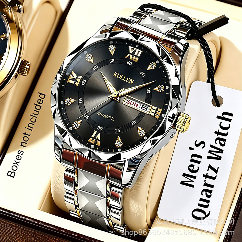 Cross-border e-commerce bestseller: dual-calendar men's luminous watch, high-end alloy with diamond accents, non-mechanical business quartz watch