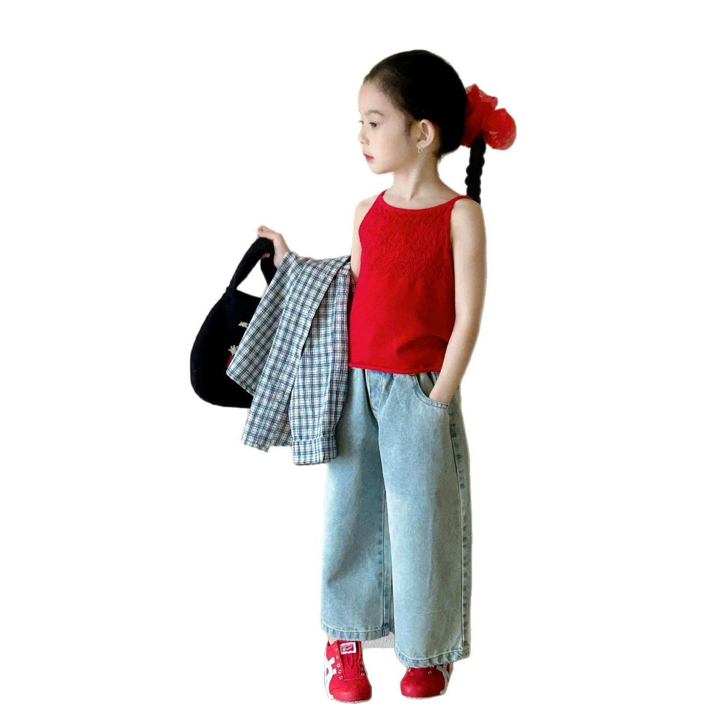 Лёгкая летняя рубашка, knitted жилет, джинсы, комплект, западный стиль, 3 предмета