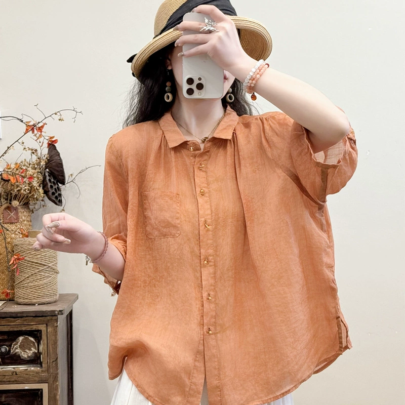 Литературный темперамент Рами с короткими рукавами рубашка женский топ высокого уровня новый летний большой размер тонкая свободная рубашка