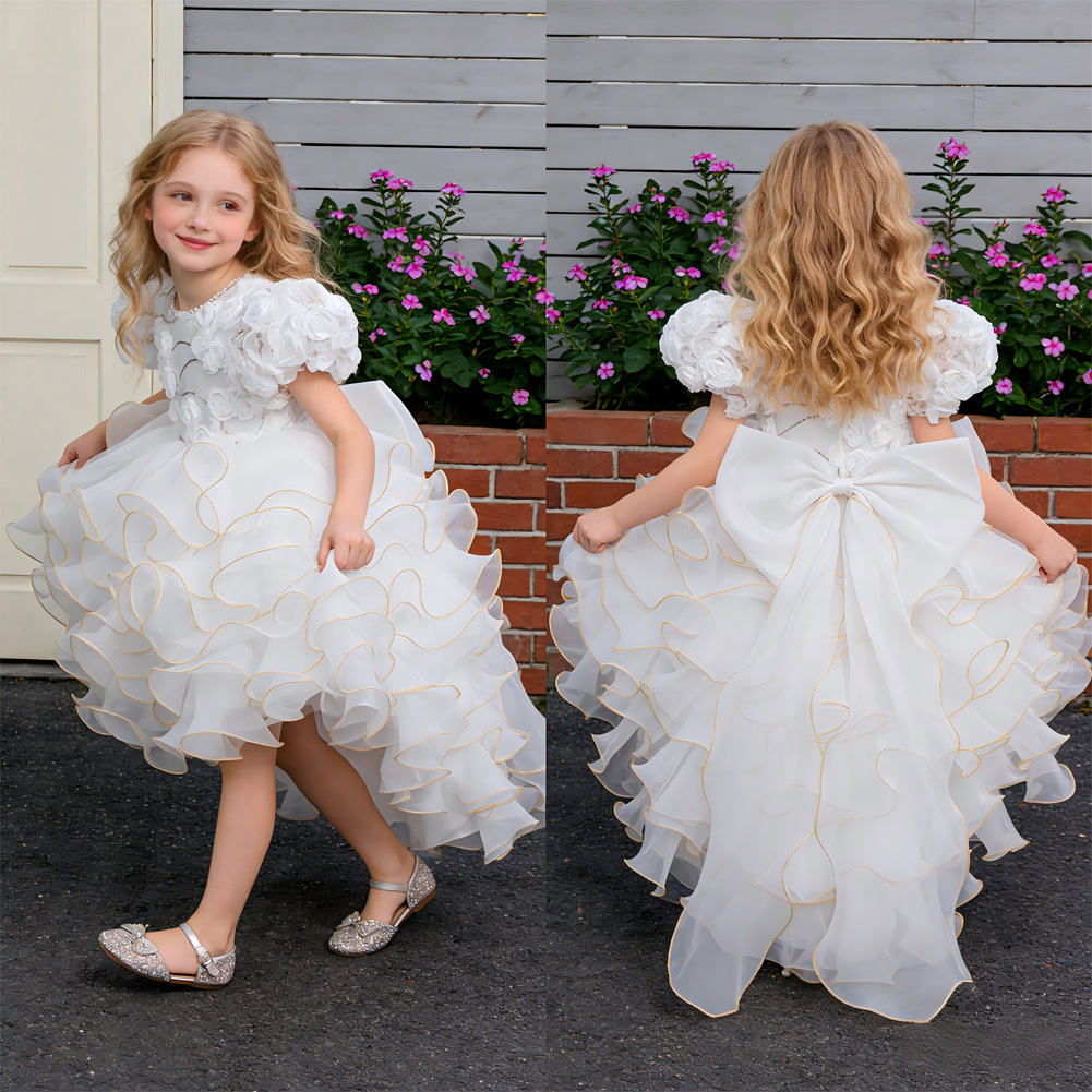 Vestido infantil europeo y americano burbuja mangas bordadas pastel de cola vestido princesa vestido de fiesta de cumpleaños vestido de flores en stock 8633