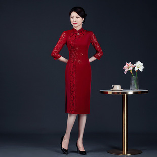 2025 New Autum High-End Elegant Mother's Wear Hot Diamond Beaded Middle-Aged and Elderly Women's Dress Dropshipping