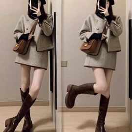 高级感小香风套装女秋冬大码胖mm洋气质显瘦毛呢外套半身裙两件套