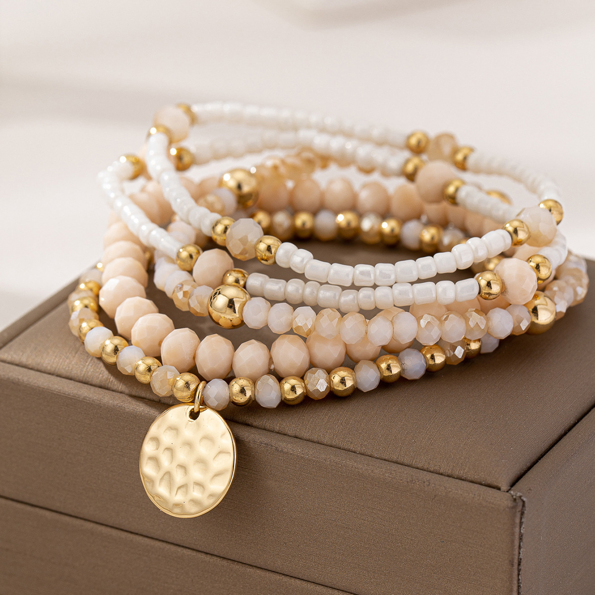 European and American Cross-Border Five-Piece Bohemian Style Crystal Bracelet Set Fashionable and Elegant Braided Elastic Rice Bead Bracelets