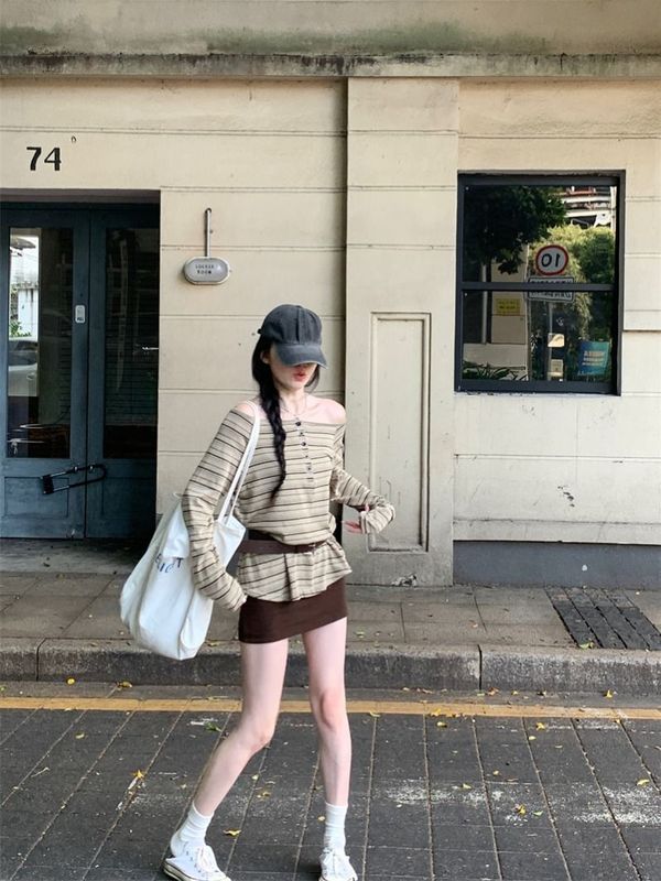 工厂现货现发 色织条复古撞色条纹一字肩长袖T恤罩衫设计感上衣|undefined