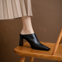 时尚拖鞋女欧美风2024年春夏新款简约方头粗跟气质高跟鞋一件代发