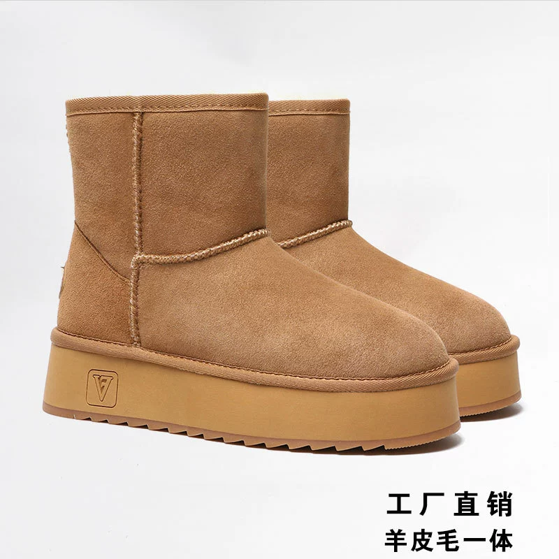 Женские зимние сапоги из овчины, на толстой подошве, 2025, из натуральной кожи, средней длины, утепленные, теплые хлопковые сапоги, хлопковые сапоги V010