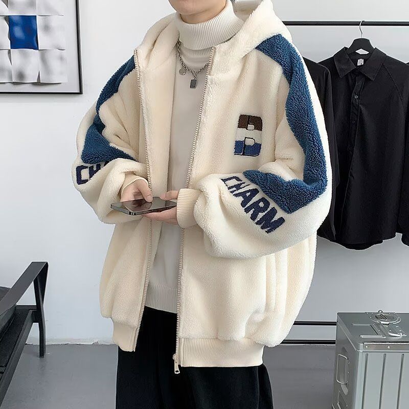 羊羔毛棉衣男秋冬季加厚棉服新款连帽外套潮流宽松休闲百搭棉袄