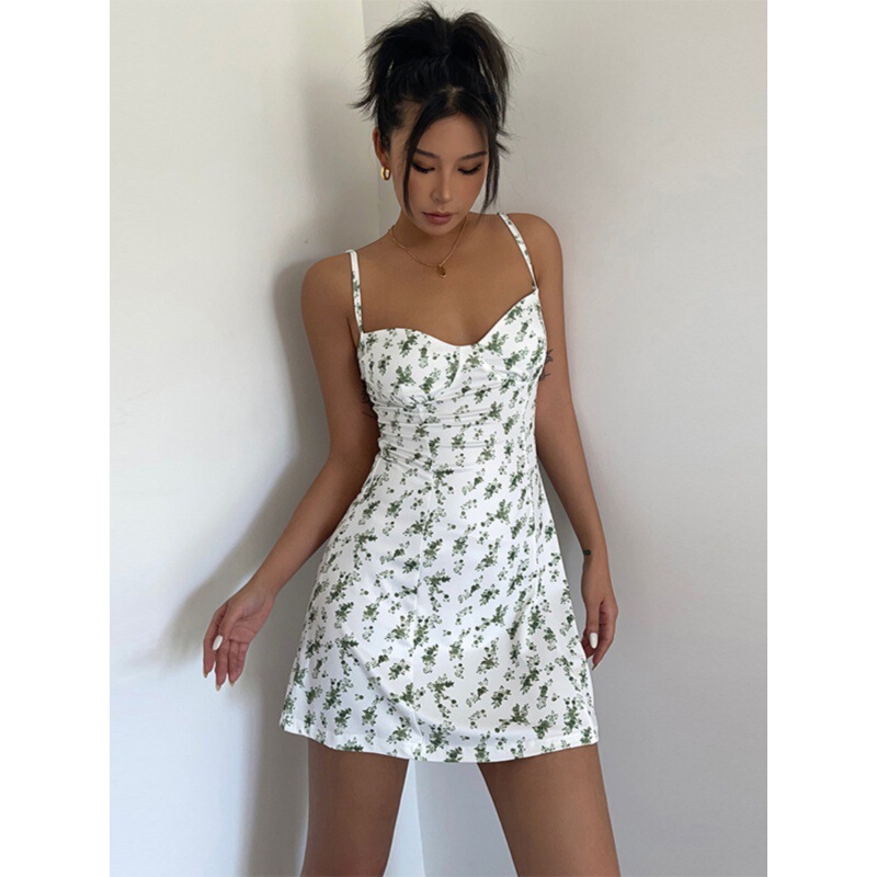 American Style Retro Hot Girl Stretch Slim-Fit Small Floral Waist A- Line Skirt Vacation Sling dress