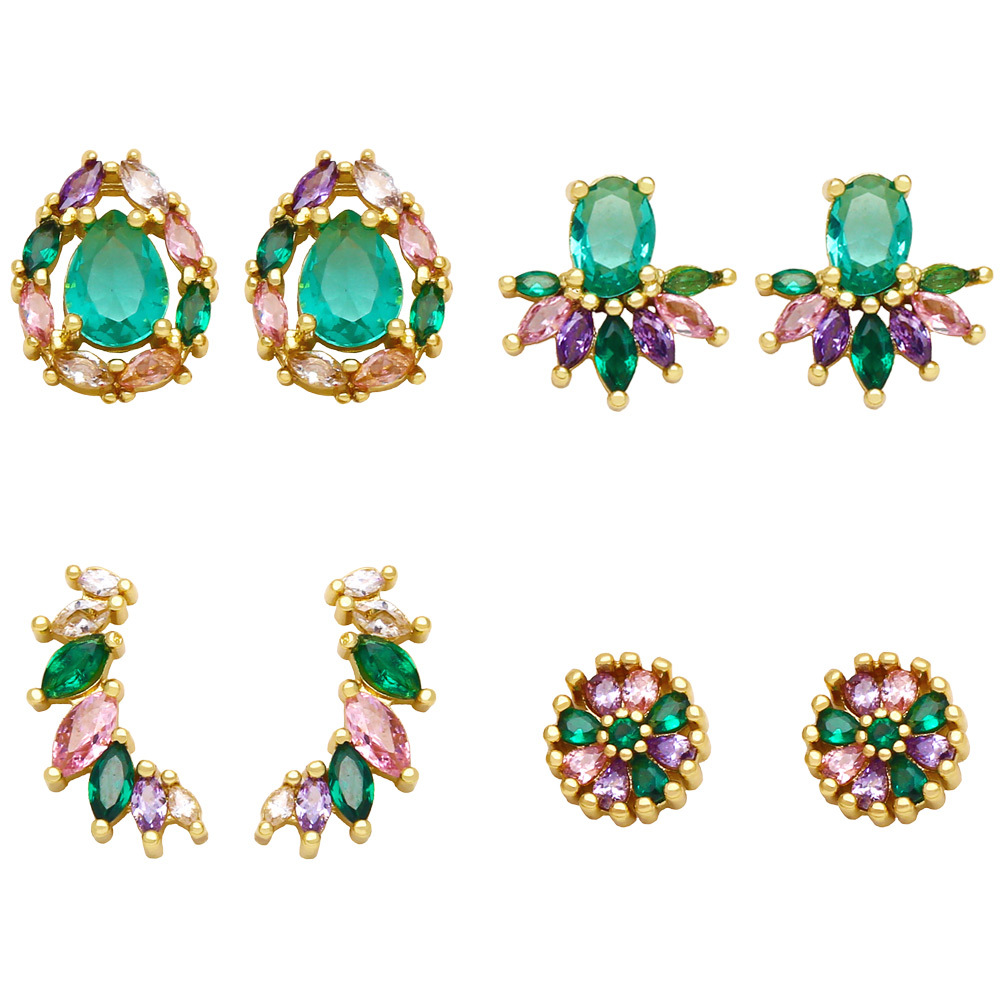 simple geometric color zircon copper 18k gold-plated earrings