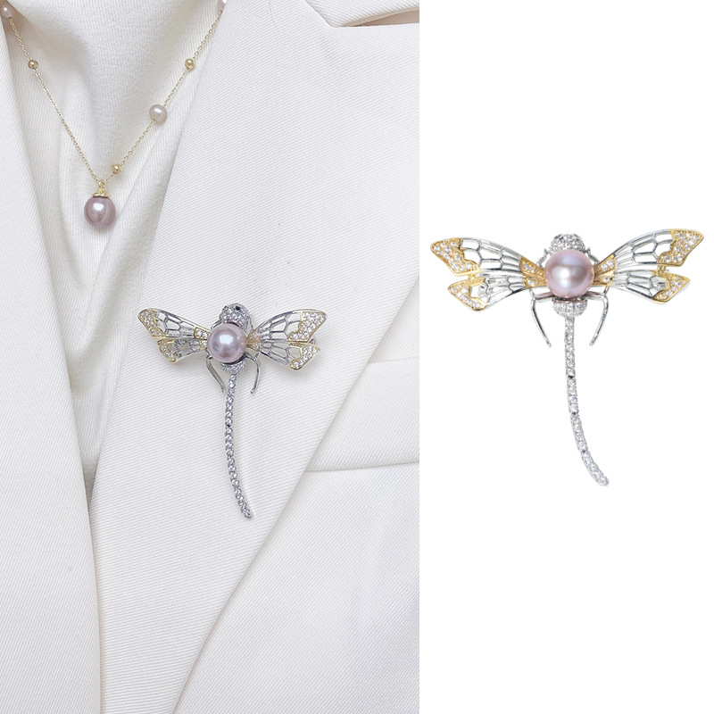 high-grade fashion freshwater Pearl Brooch zircon Refinement Dragonfly violet Edison animal Sternum Accessories